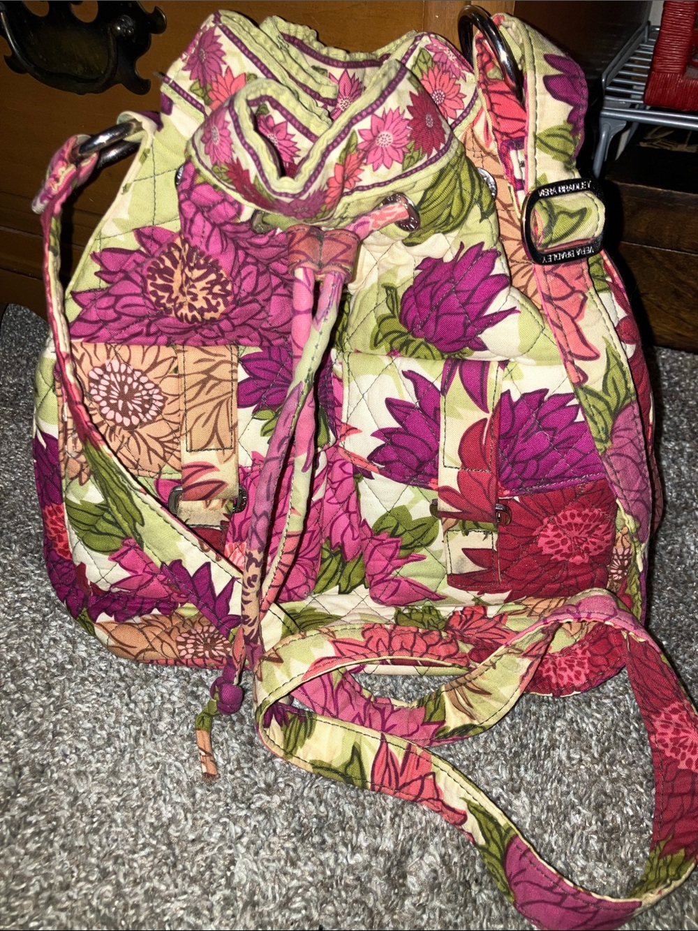 Vera Bradley Pink Floral Quilted Drawstring Crossbody Bucket Bag